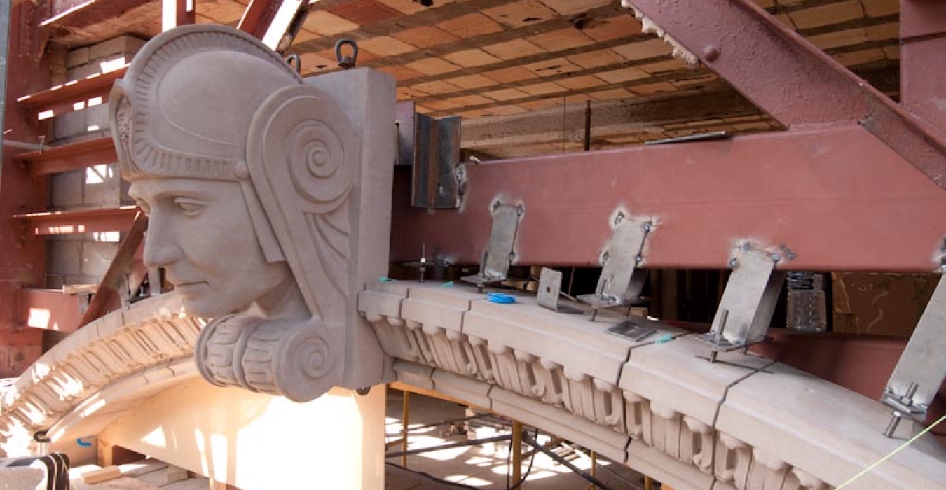 AAS Custom Mold Making | Roman Head Design in Cast Stone for 714 Main Street Building, Dallas, TX | Cast Stone Cladding