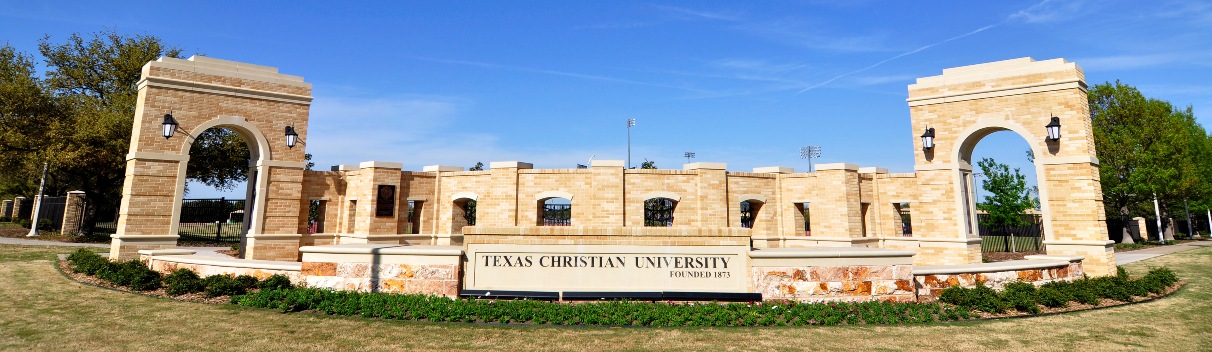 Texas Christian University (TCU) Entry Gate - Design Unification with Custom Wall Caps, Custom Signage, Entry Way Cladding