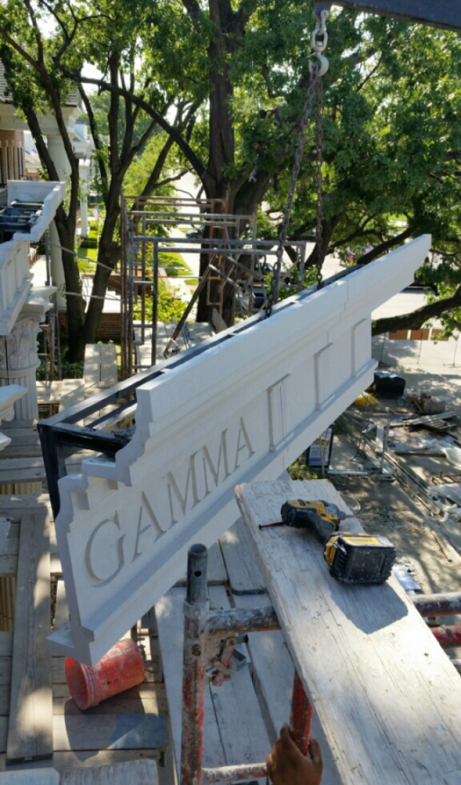Custom Signage on the Cornices is Designed into Manufactured GFRC Stone Pieces | Easy Handling of Large Size GFRC Pieces at the Construction Site