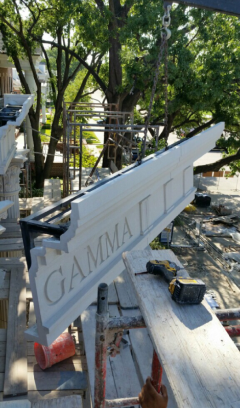 Custom Signage on the Cornices is Designed into Manufactured GFRC Stone Pieces | Easy Handling of Large Size GFRC Pieces at the Construction Site