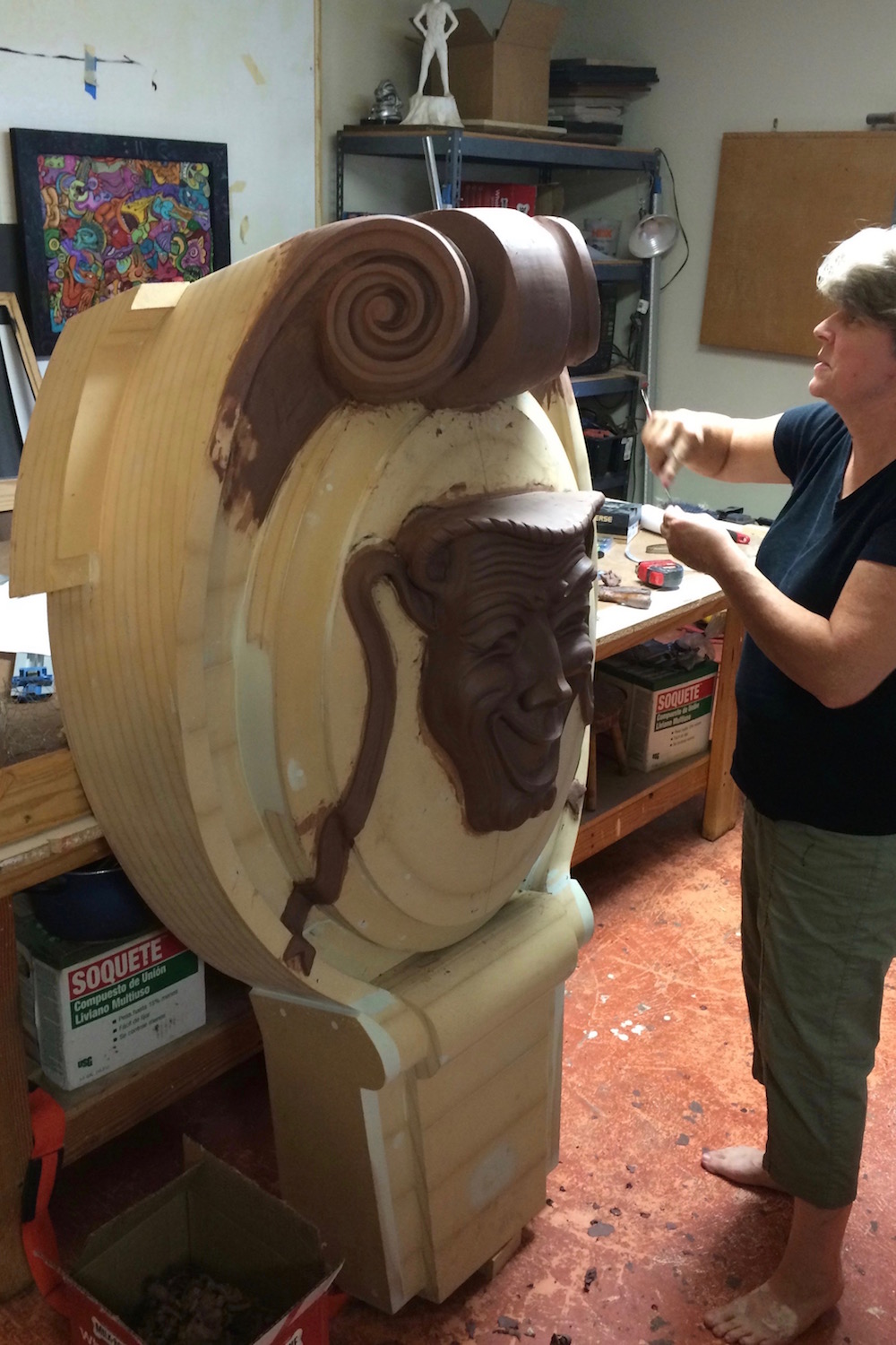 Hand Carving in Clay on Top of Custom Design Wooden Piece to Match Architects Rendering for Keystone
