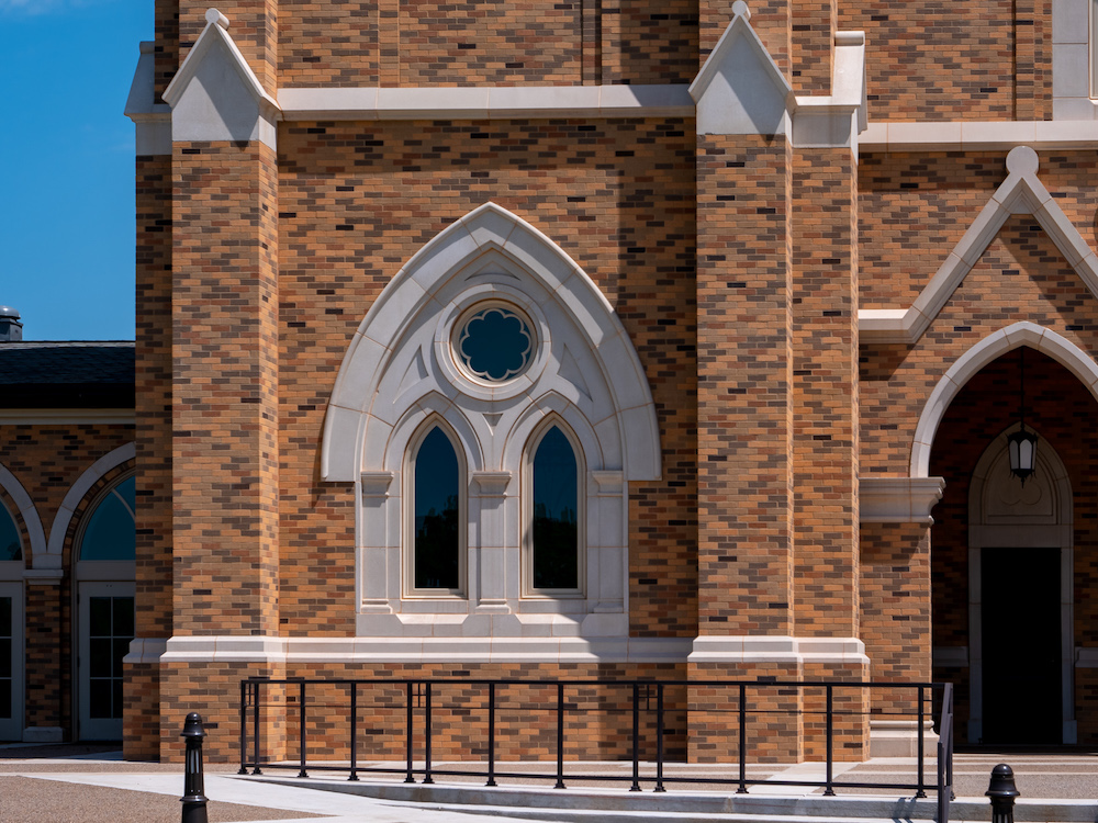 St Francis Xavier Catholic Church - dry vibrant-tamp cast stone, wet-pour precast, GFRC - stone cladding, cornices, banding, coping, architectural trims