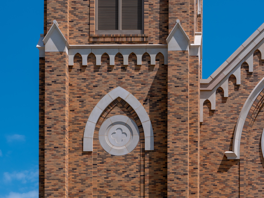 St Francis Xavier Catholic Church - dry vibrant-tamp cast stone, wet-pour precast, GFRC - stone cladding, cornices, banding, coping, architectural trims