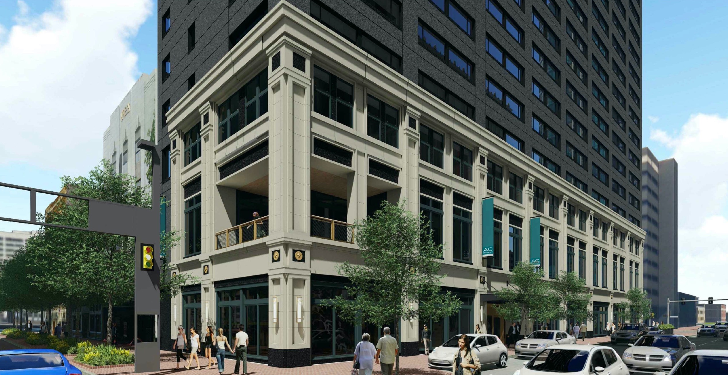 Large GFRC Cladding Panels for Elevations on Three Sides | Project: Marriott Hotel, Downtown Ft. Worth | DMG Masonry | Rendering from Merriman Anderson Architects | Cladding Application using Large GFRC Panels